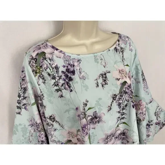 Belle Kim Gravel Top Large Blue Floral Flutter Sleeve Pastel Garden Boho A307916 - Picture 2 of 13